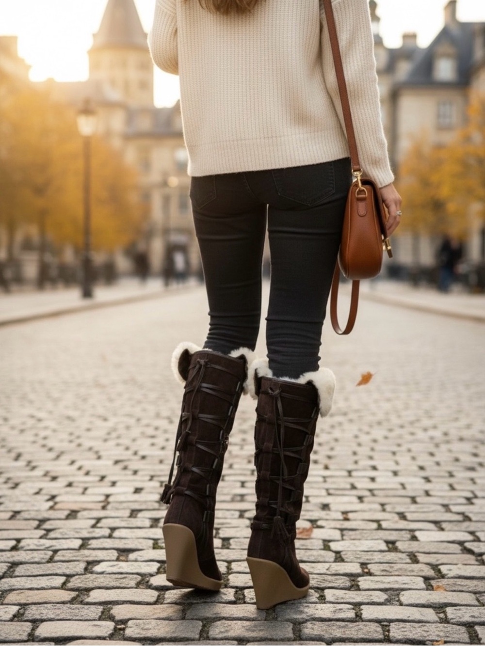 Colin Stuart Dark Brown Over-the-Knee Wedge Boots with Cream Faux-Fur Trim